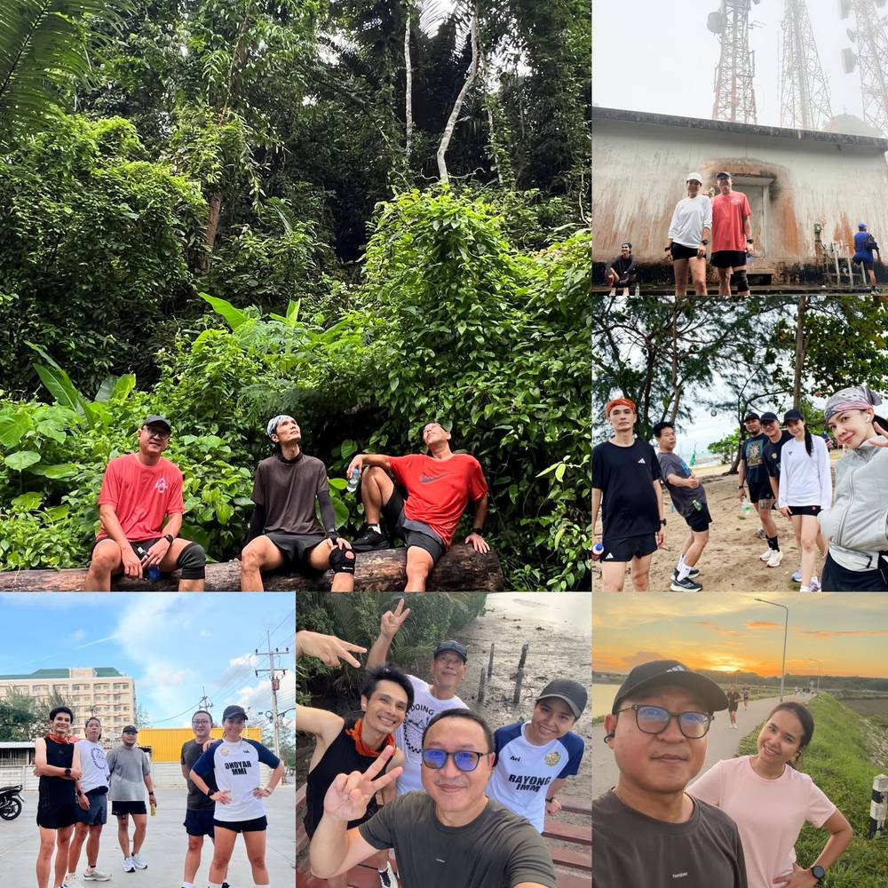 ภาพคอลลาจ 6 ช่องของกิจกับเพื่อนร่วมวิ่ง ทั้งในป่า ริมชายหาด หน้าอาคาร และเซลฟี่ยามพระอาทิตย์ตก จากผลงาน ID 052